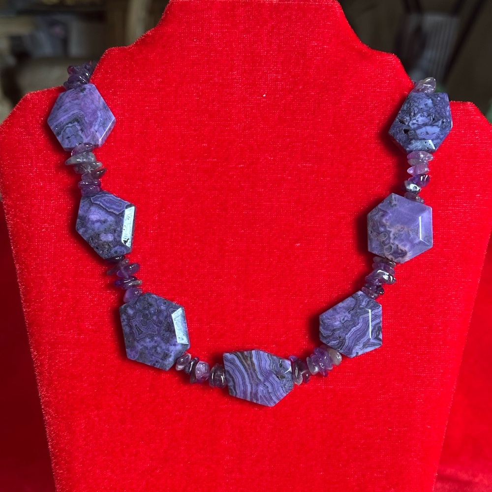 Handcrafted Amethyst & Crazy Lace Agate Statement Necklace.